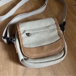 Vintage L.L. Bean Khaki Canvas Leather Small Messenger Crossbody Purse 6x6x1”